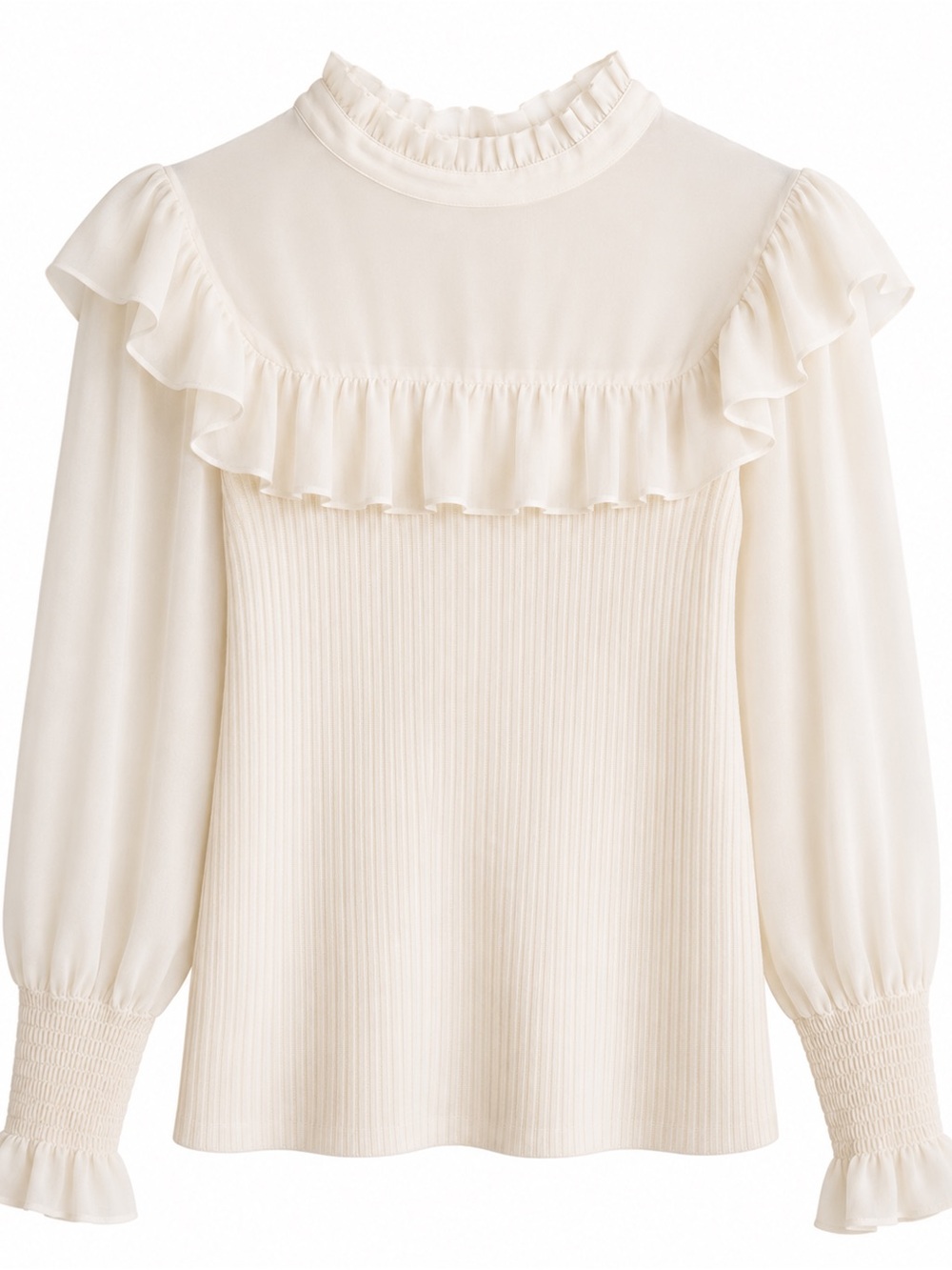 NWT Ivory Ruffle Mock Neck Sweater Blouse Sheer Chiffon Sleeves